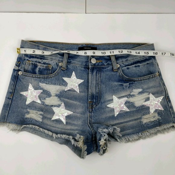 Forever 21 Size M Raw Hem Ripped Sequin Stars Denim Boyfriend Shorts - Picture 6 of 8
